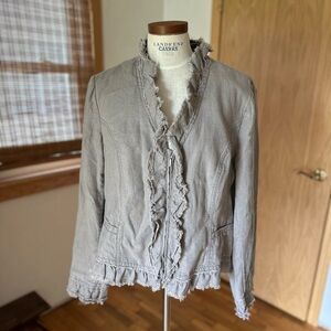 INC International Jacket Women XL Linen Gray Zip Up Ruffle chic Minimalist C8
